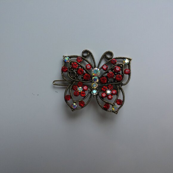 Butterfly Hair Clip, Gold color, Red rhinestone, shiny crystals - Picture 2 of 6